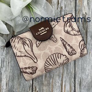Coach Medium Corner Zip Wallet In Signature Canvas With Shell Print Bag Purse
